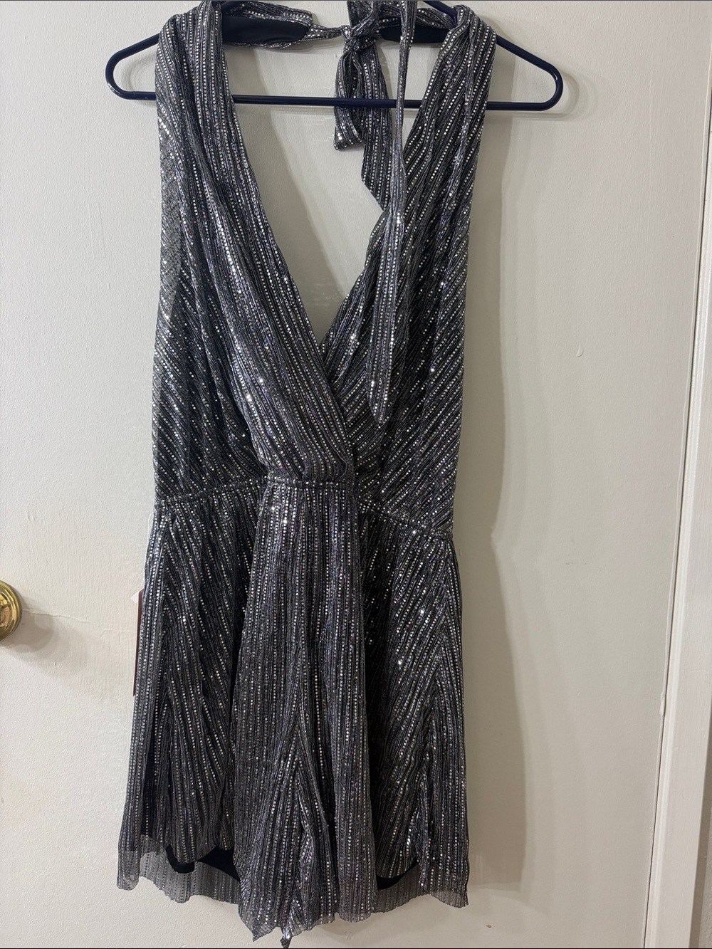 Sparkle Halter V-Neck Party Jumper in Charcoal Silver